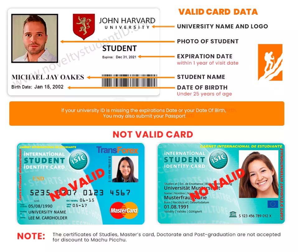 Characteristics of the university card to access the student discount for the Inca Trail